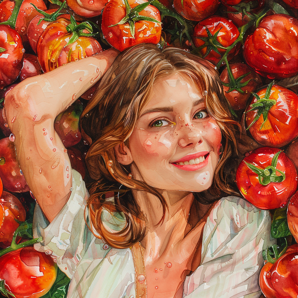 Ripe colorful tomatoes and woman portrait