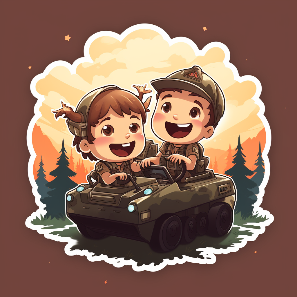 Joyful baby and baby moose sitting on a battle tank