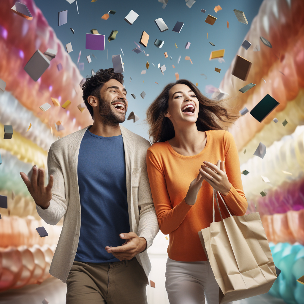 Happy couple with shopping bags and smartphones