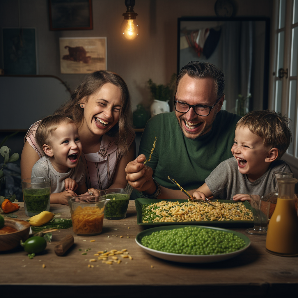 Cheerful family enjoying tasty pea dishes