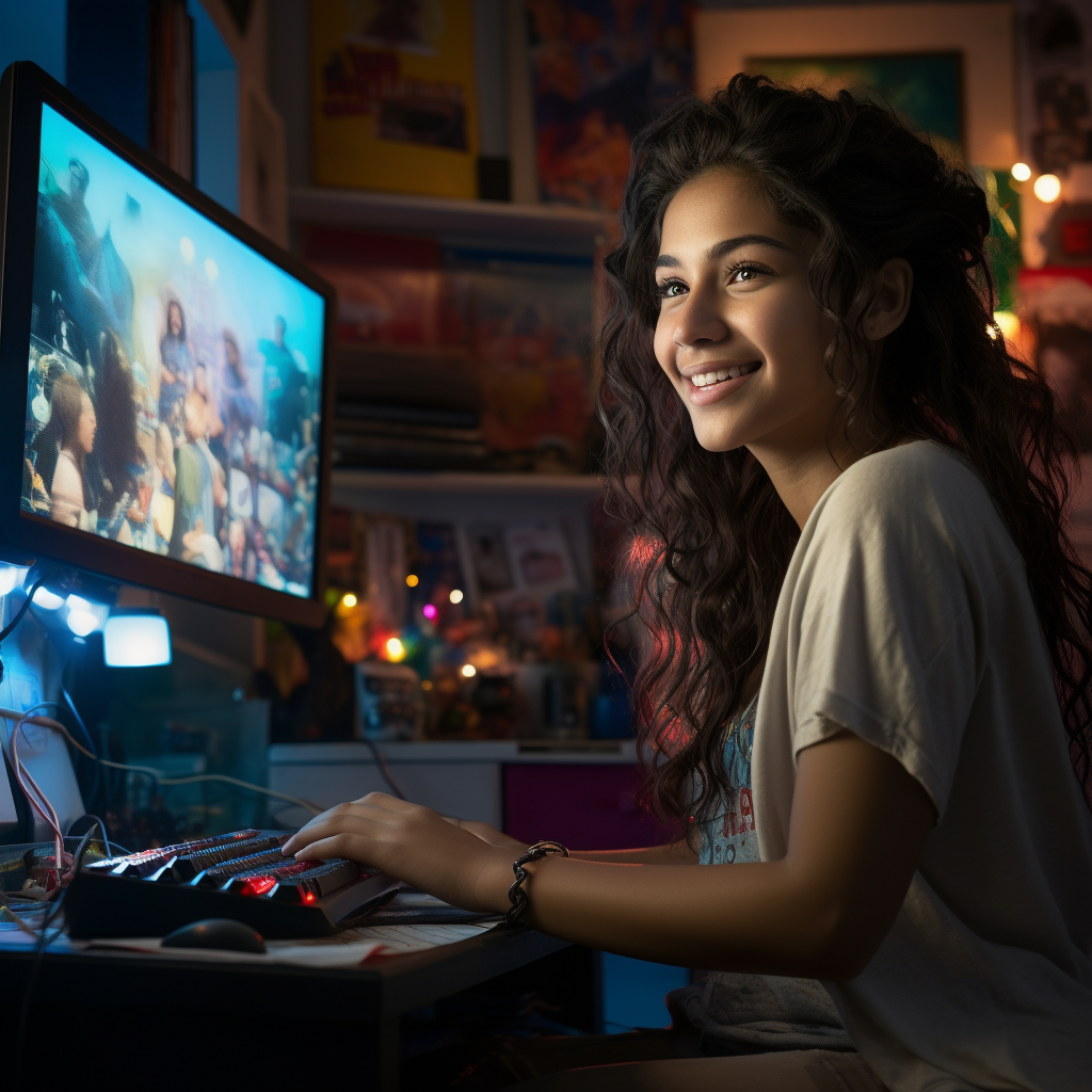 Young Latina woman using computer at home