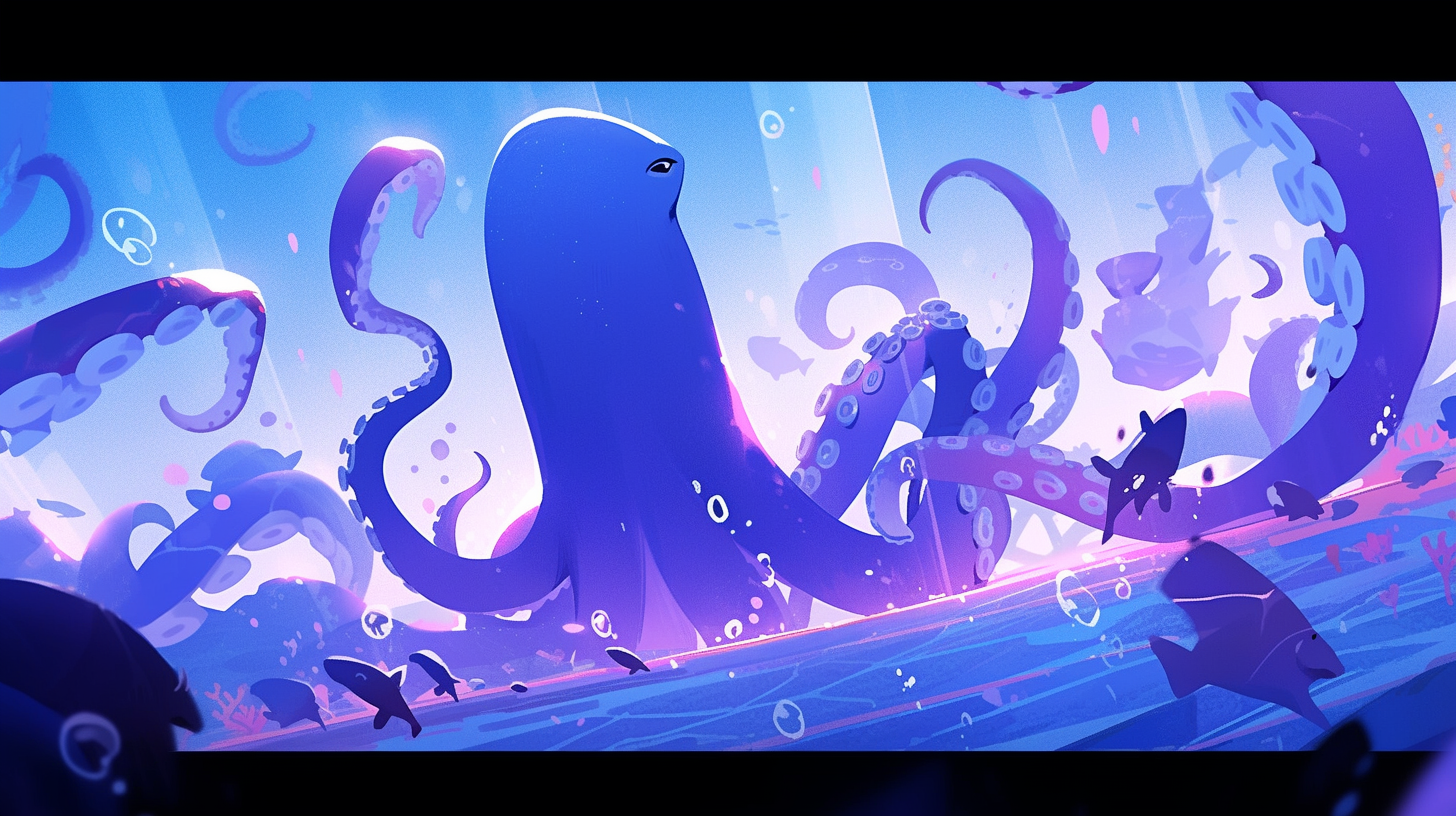 Colorful underwater scene with joyful octopus