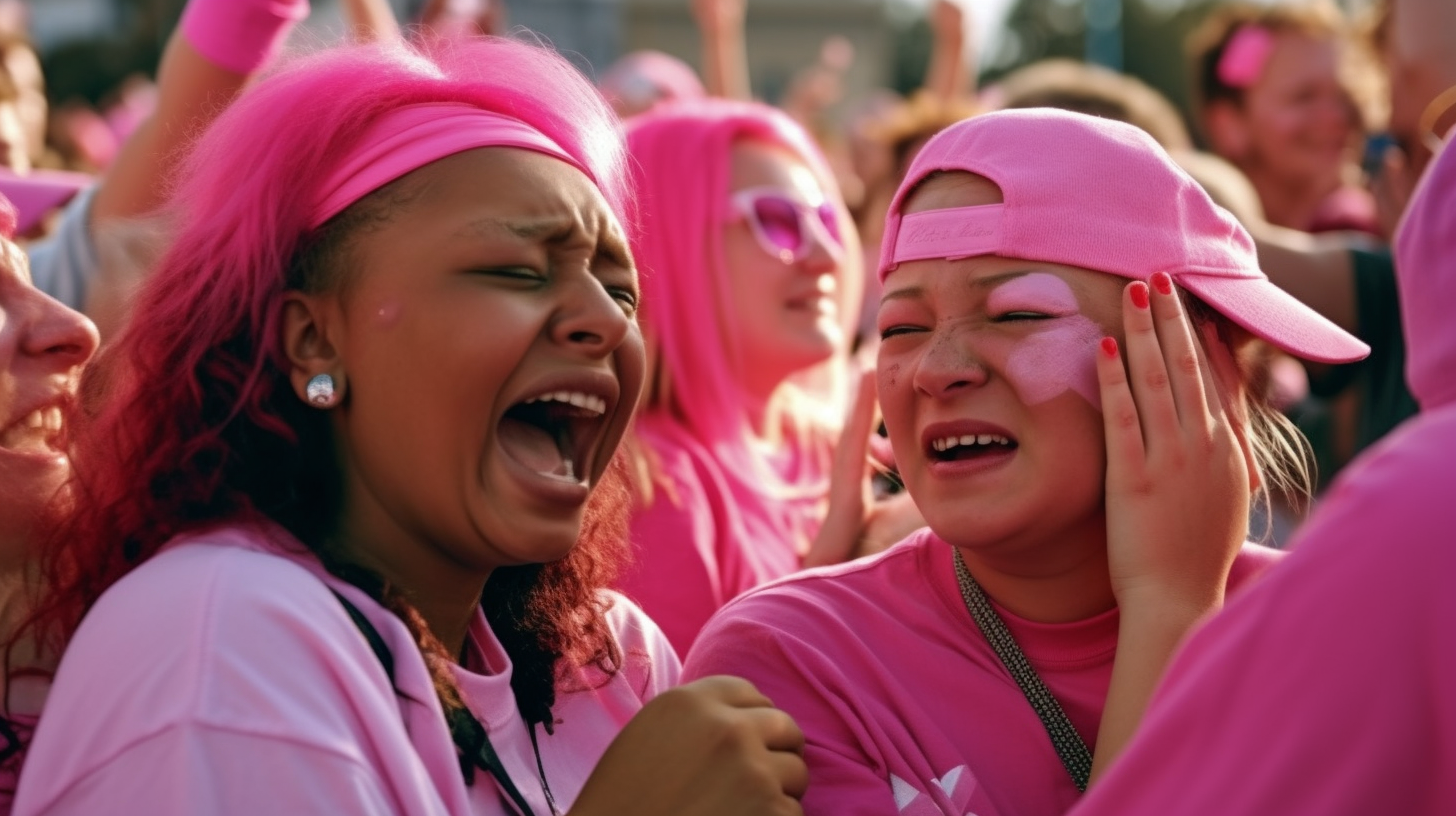 People in Pink Waving Flags and Hugging Happily