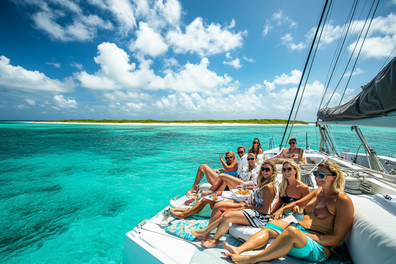 Clients relaxing on catamaran Anegada island