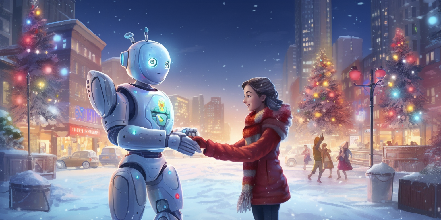 Joyful robot and software developer shaking hands