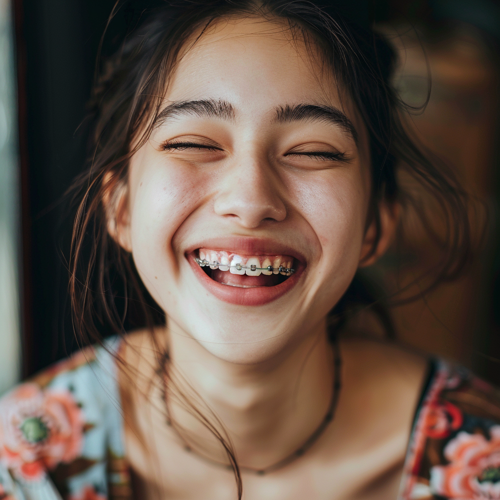 Woman with joyful metal braces smile