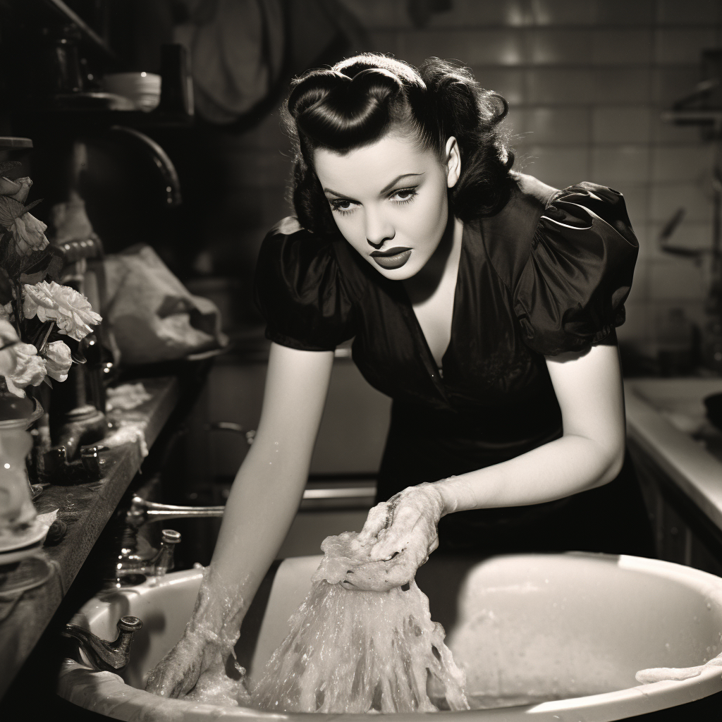 Judy Garland washing dishes in newspaper