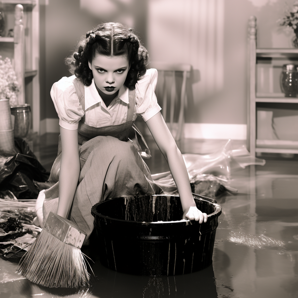 Judy Garland cleaning the floor with a brush