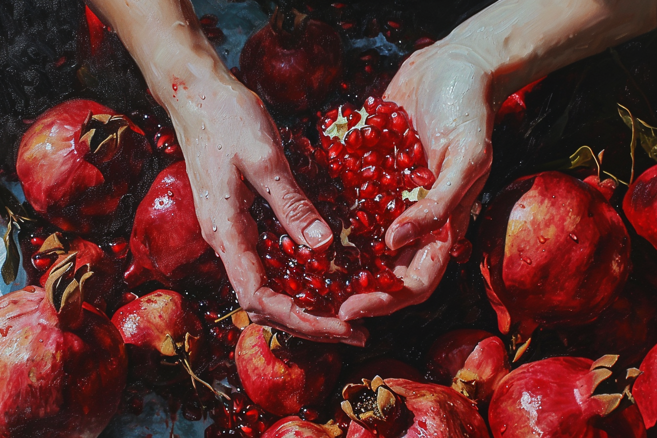 Closeup of Hands in Juicy Pomegranate