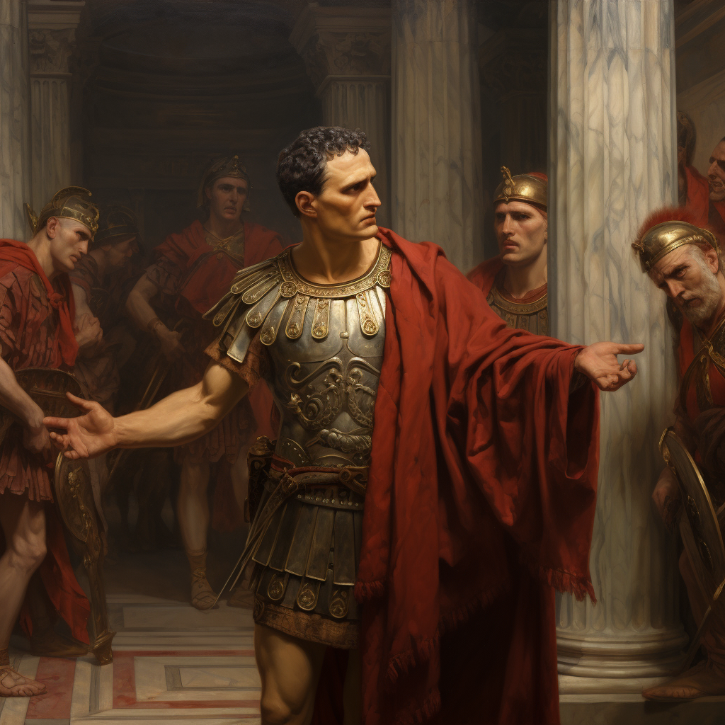 Julius Caesar cringing at Brutus in Roman court