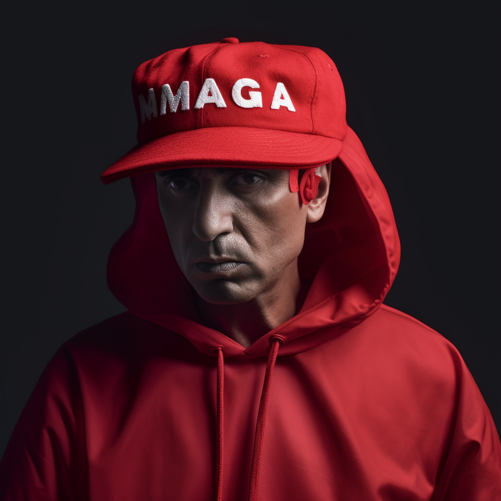 Julius Caesar in red MAGA cap holding MSPQRAGA sign