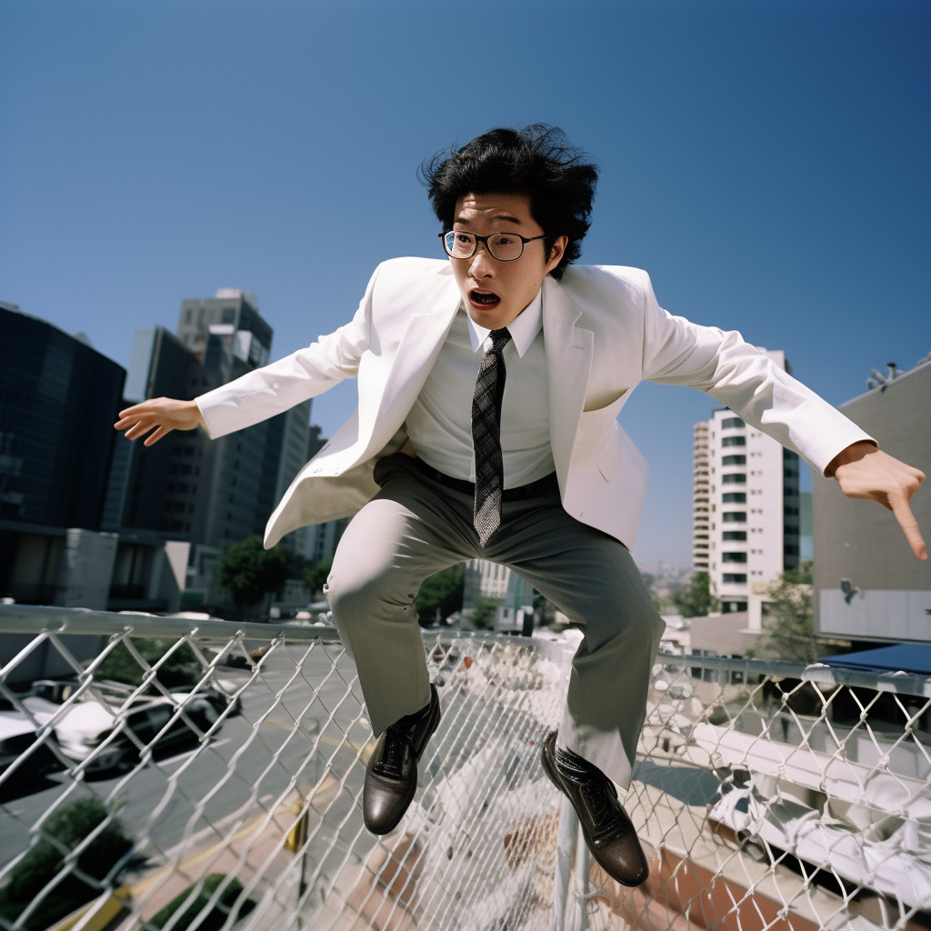 Korean office worker jumping the fence