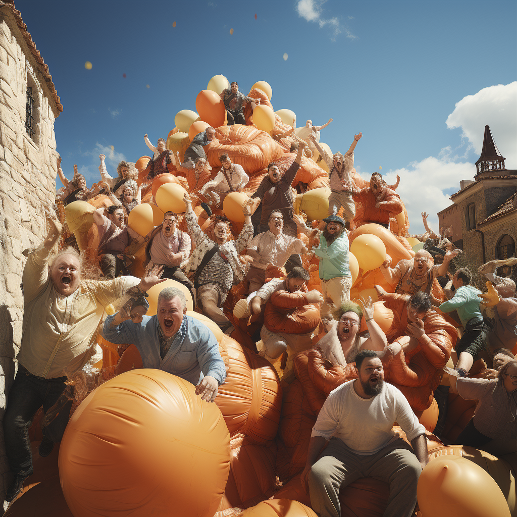 Obese individuals having fun at the jumping castle