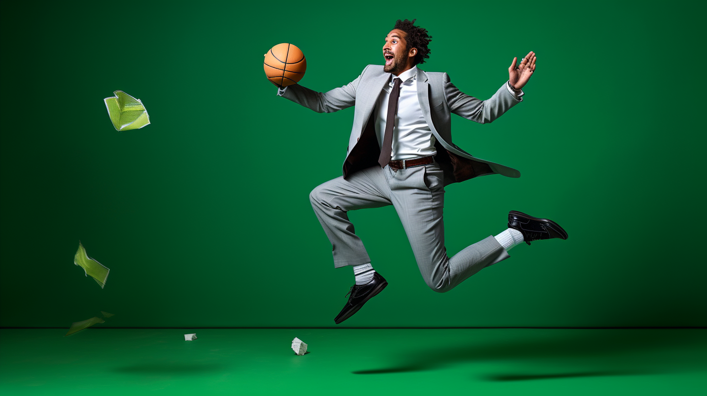 Latino father jumping with basketball style