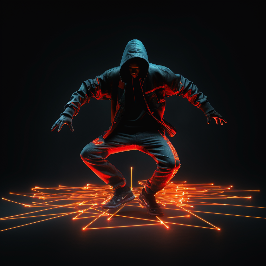 Energetic man in hoodie jumping with neon lights