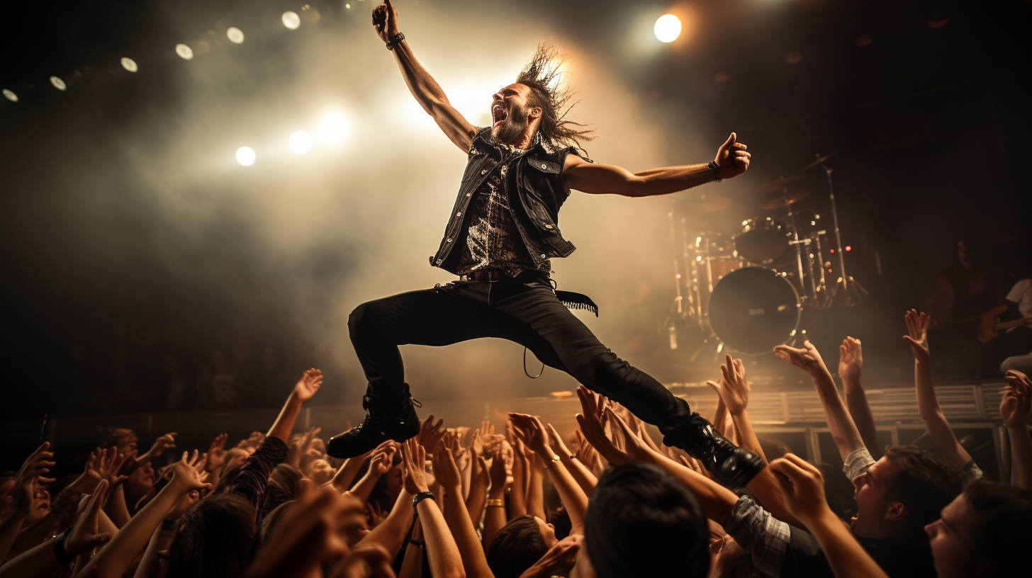 Excited rockstar jumping into the concert crowd