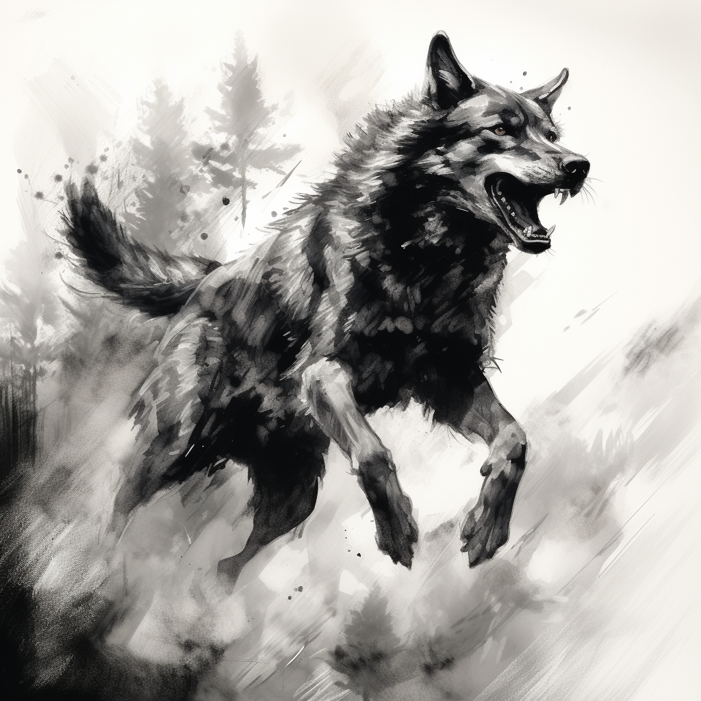 Jumping wolf in painted style