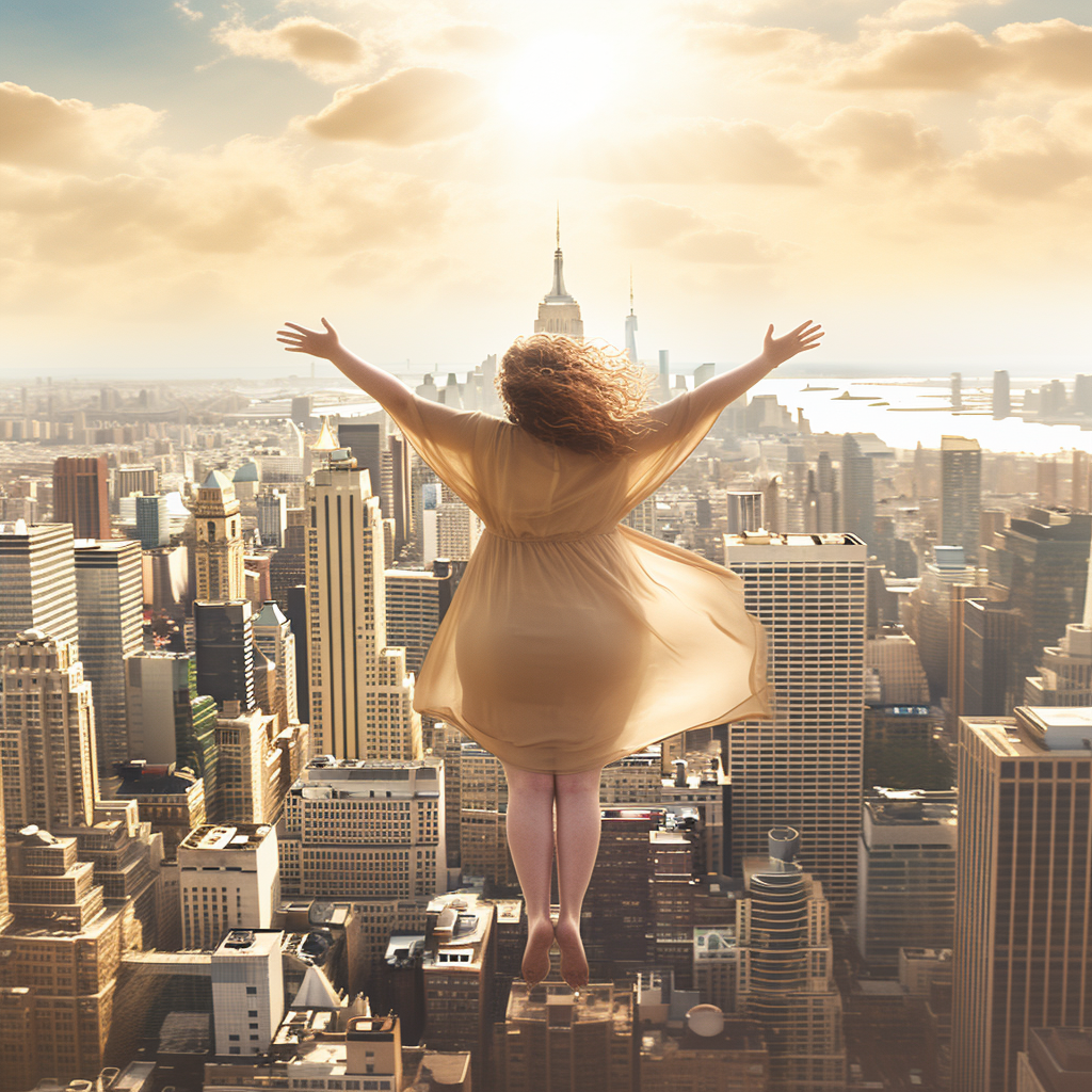 Plus-size woman leaping into NYC skyline