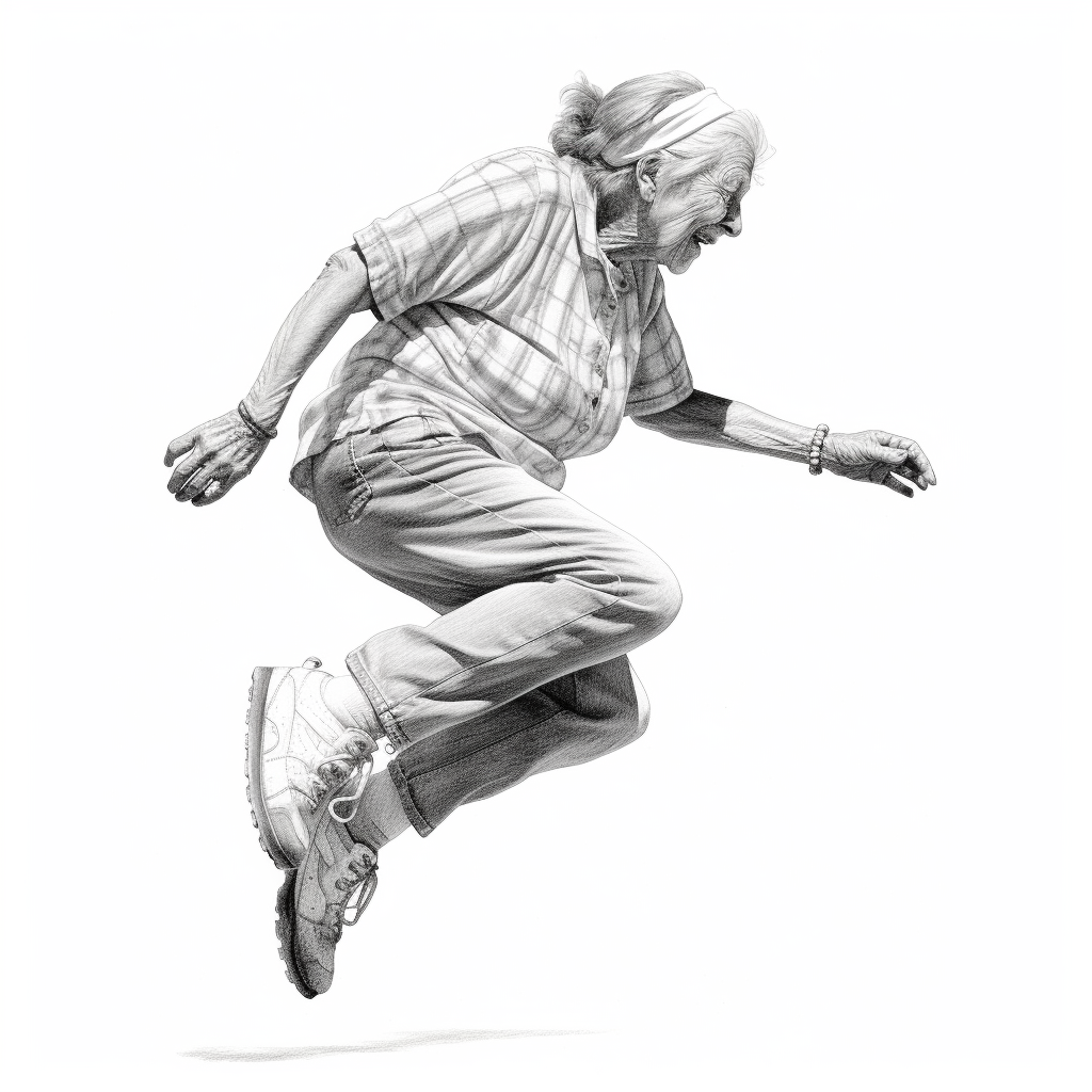 Active grandmother jumping on one leg