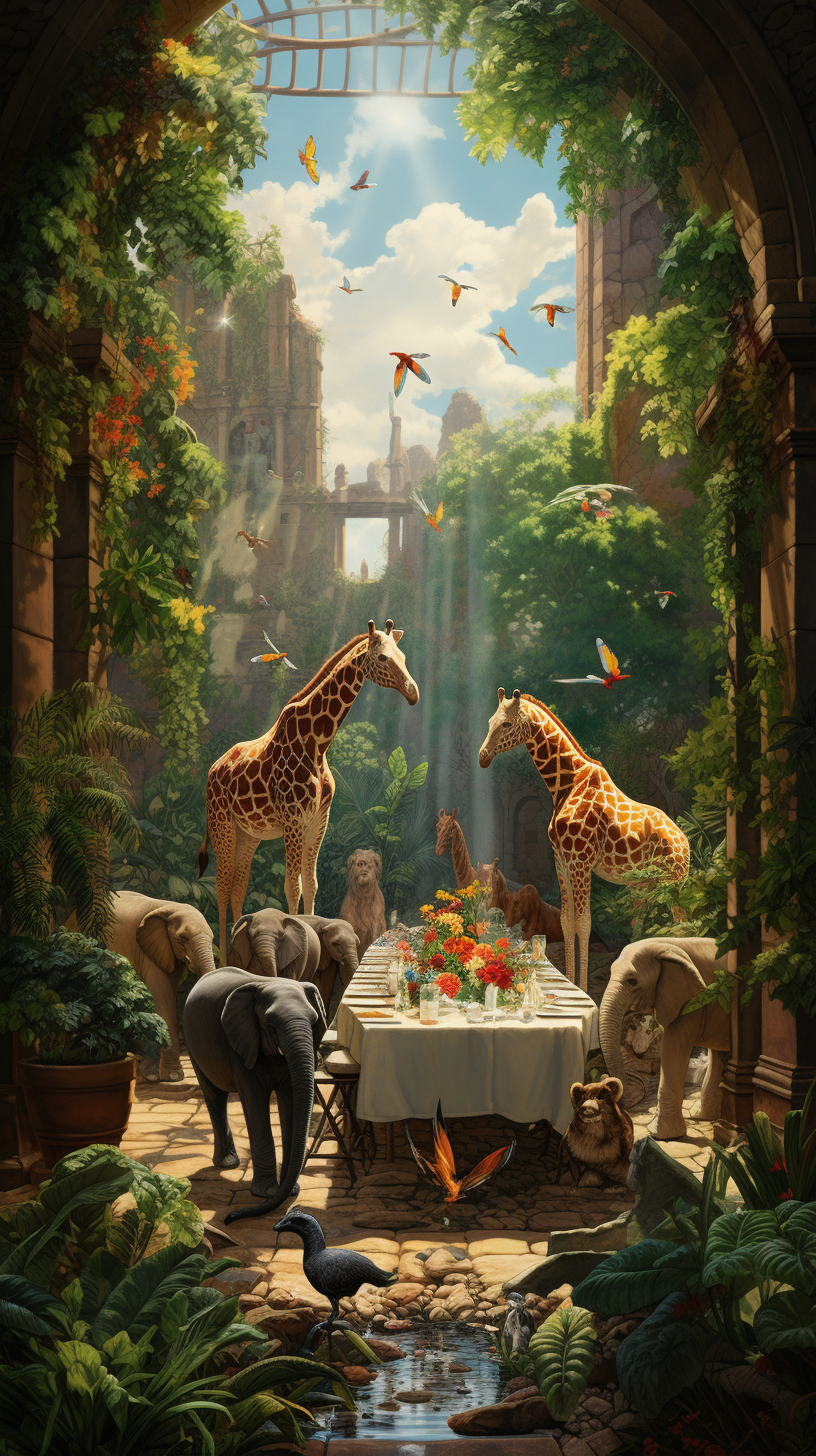 Elephants, lions, gorillas, zebras, and giraffes partying