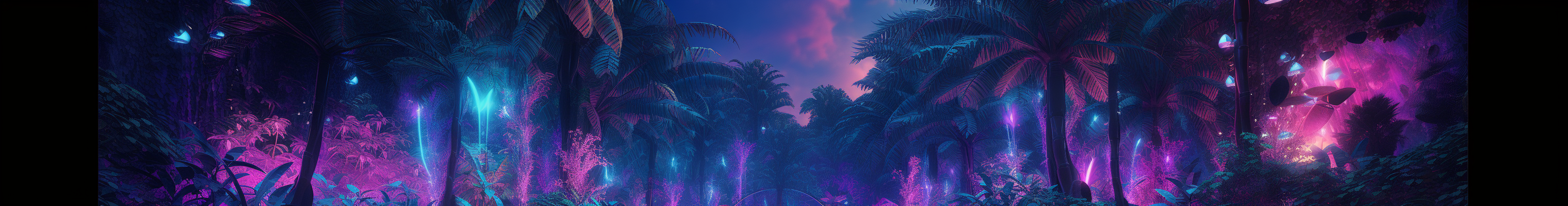 Vibrant jungle disco scene with video walls and palm trees