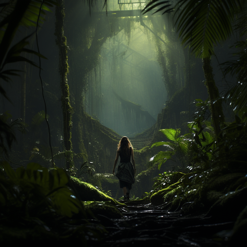 Girl wearing green clothes in jungle