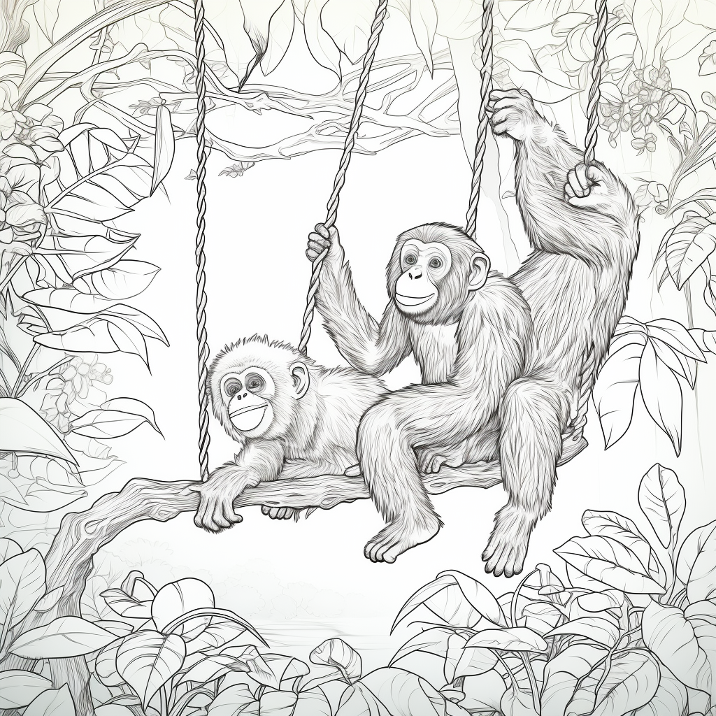 Two girls swinging in jungle with chimpanzee