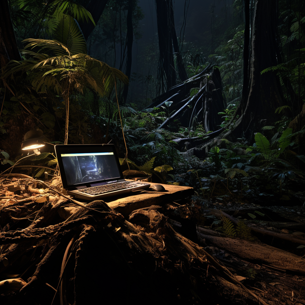 Nighttime jungle with laptop on fallen tree