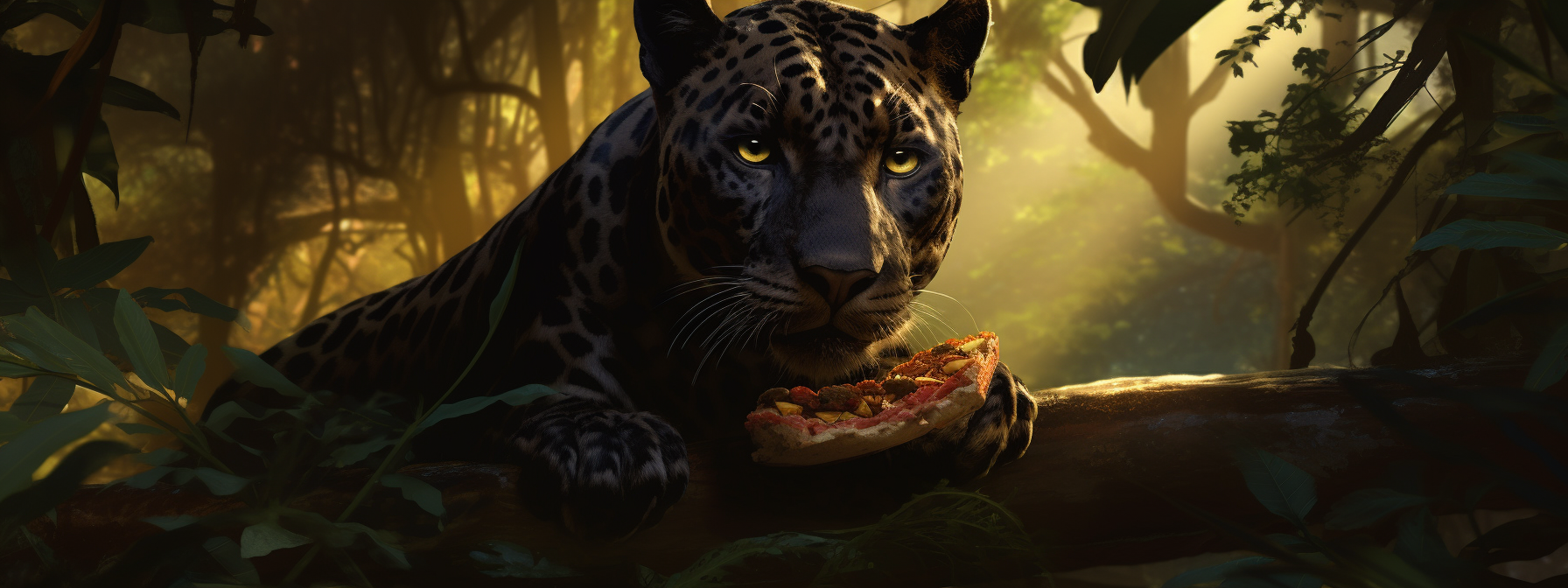 Panther enjoying pizza in the jungle