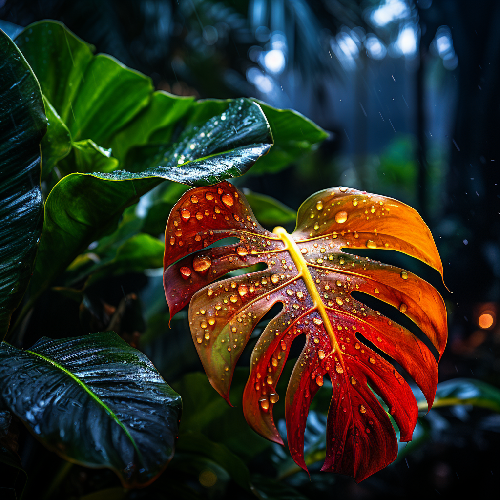 Photorealistic monstera leaf in vibrant jungle rain