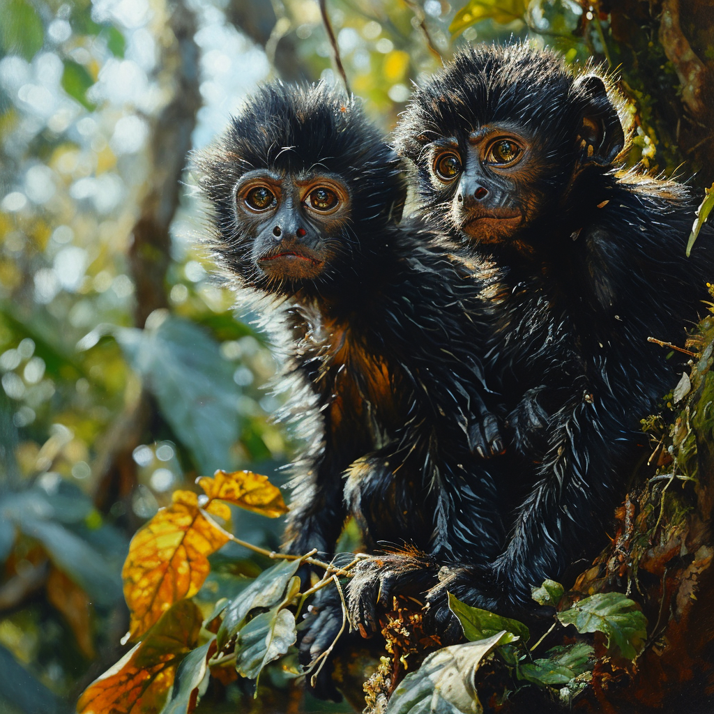 Playful howler monkey babies in the jungle