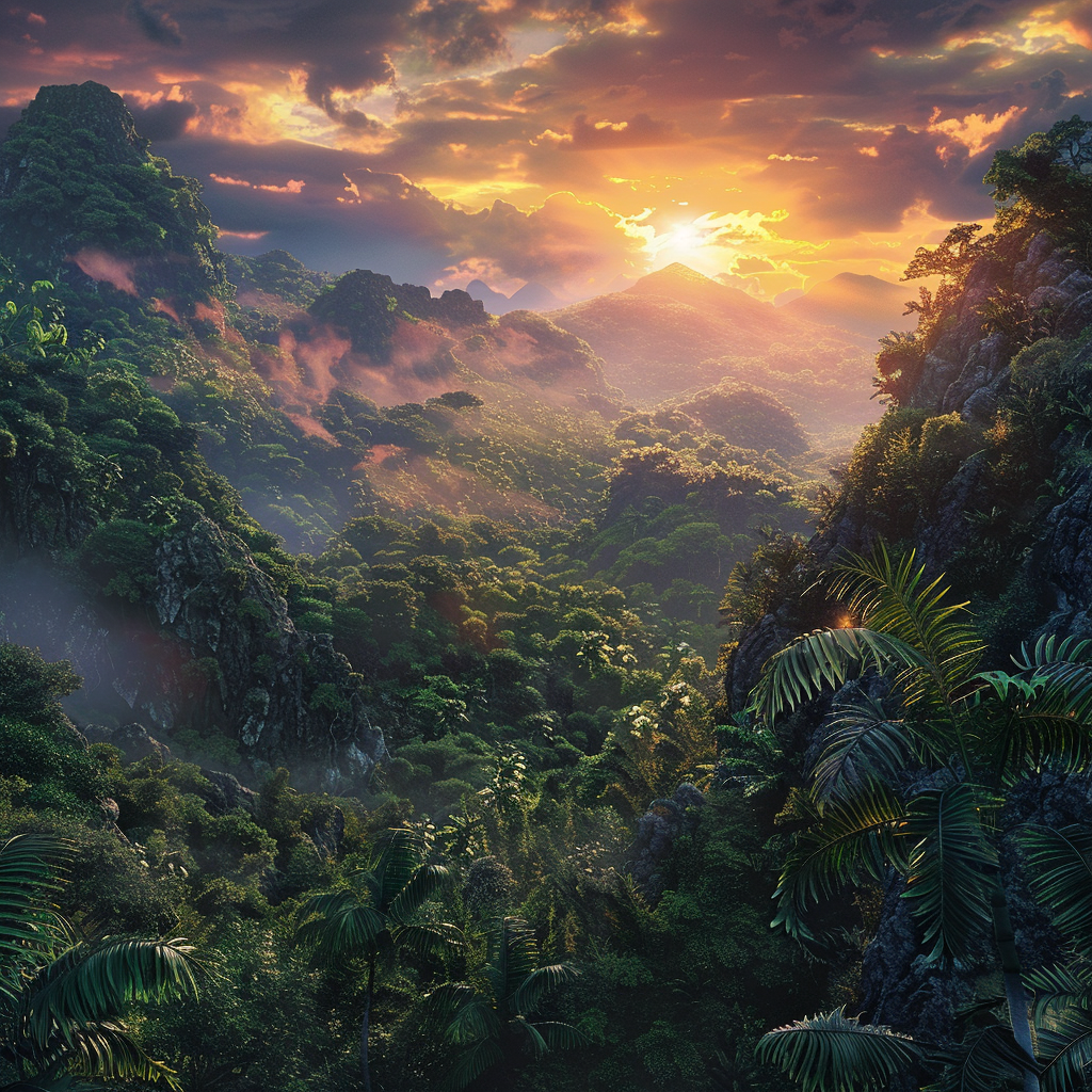 Jungle sunset on gnarly terrain