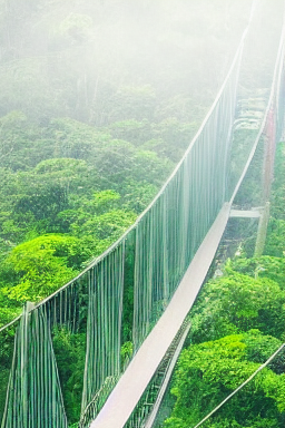 A suspension bridge in the jungle, surrounded by lianas