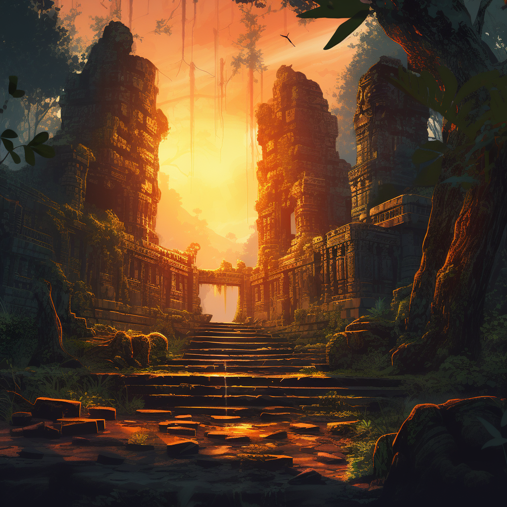 Sketch of jungle temple at dawn