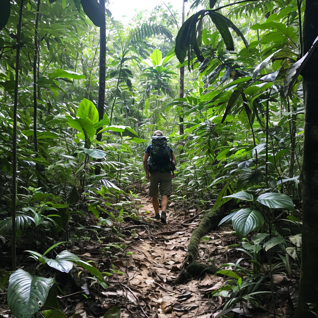 Trekking through thick jungle cutting path