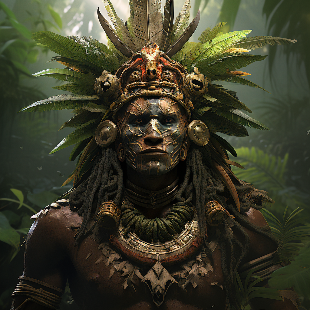 Jungle tribal shaman with Inca mask