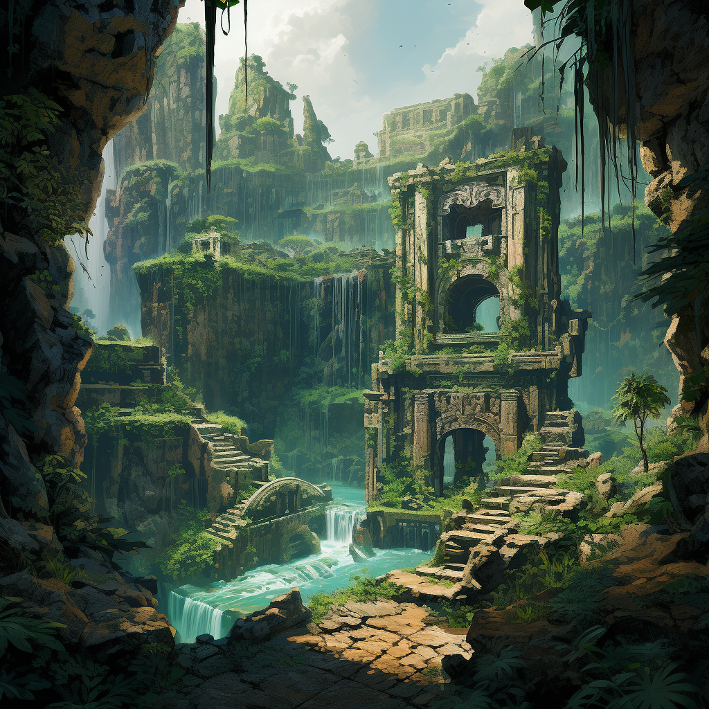 Mystical tropical jungle valley with colossal gate ruins