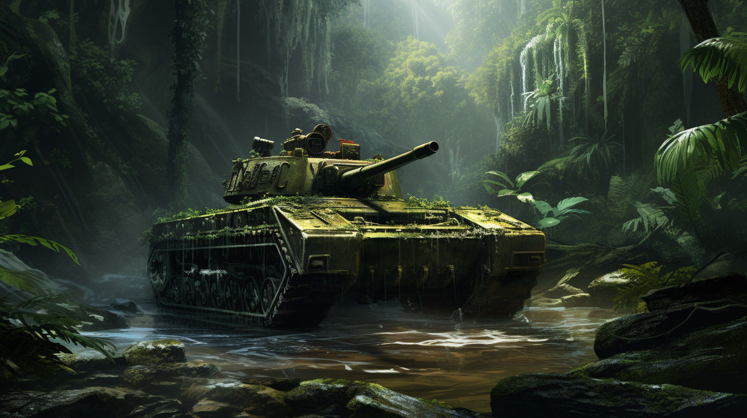 Tank swimming in jungle waterfall