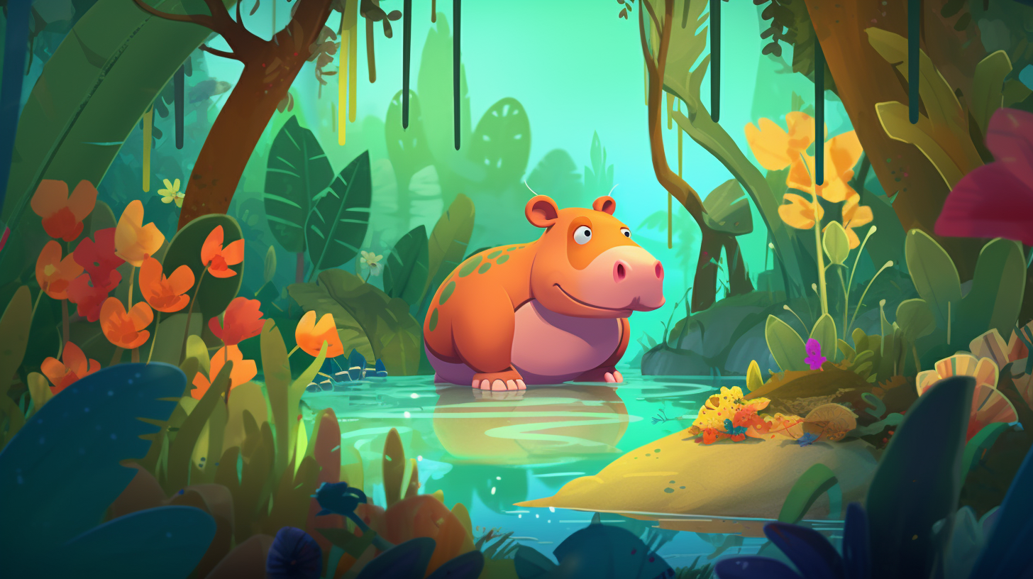 Whimsical jungle adventure with playful hippopotamus