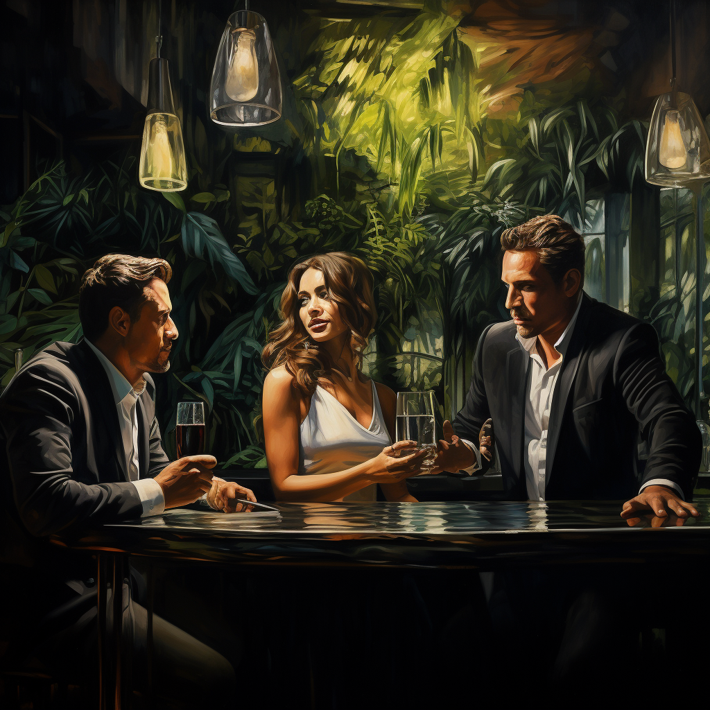 Three men enjoying drinks in a jungle-themed bar