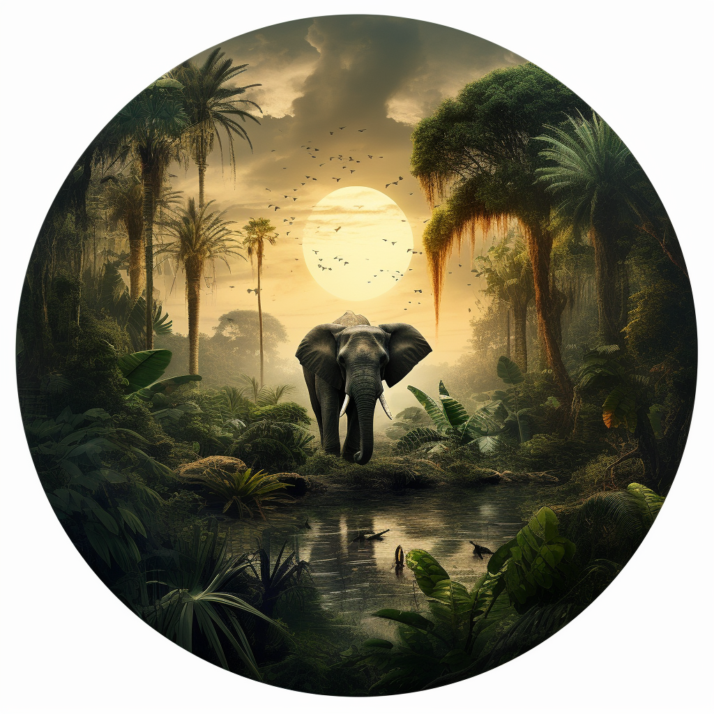 Jungle Dusk with Lone Elephant and Animals