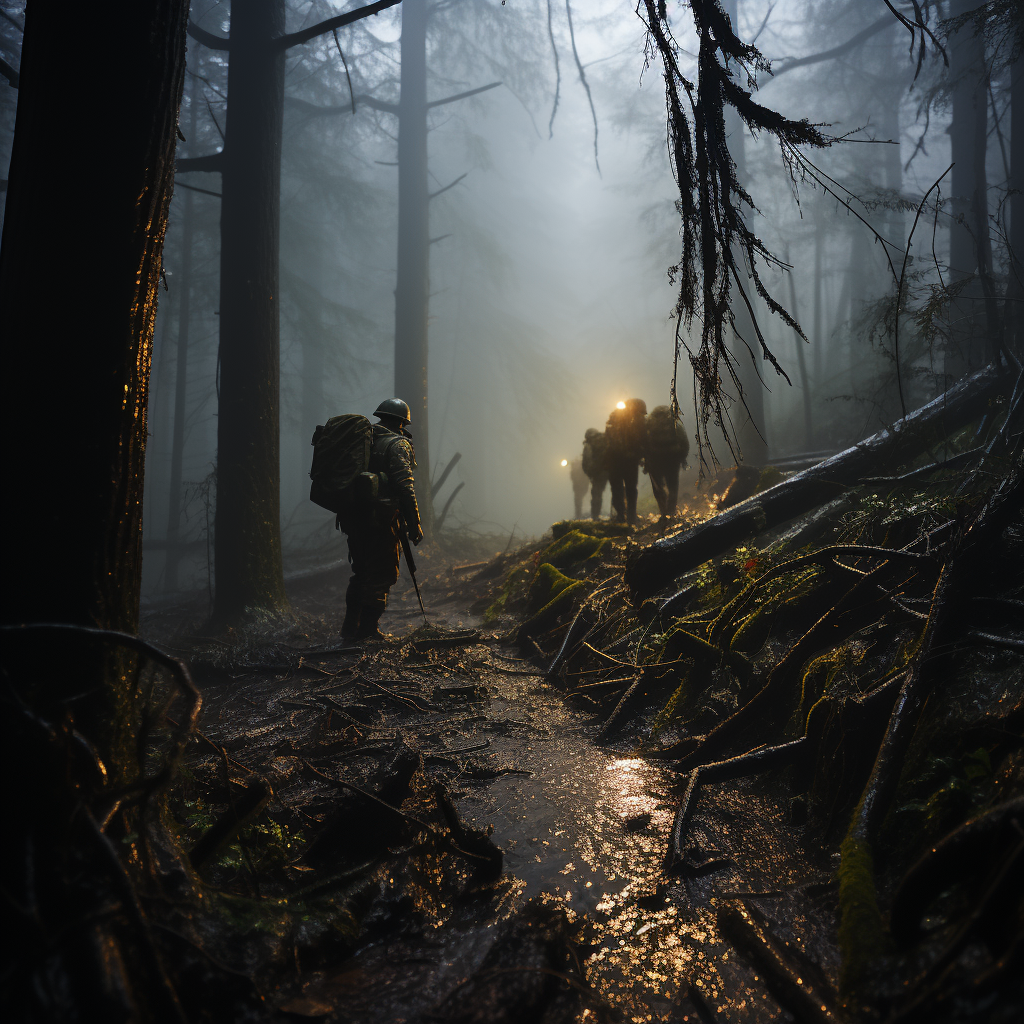 WW2 soldiers in a dark jungle