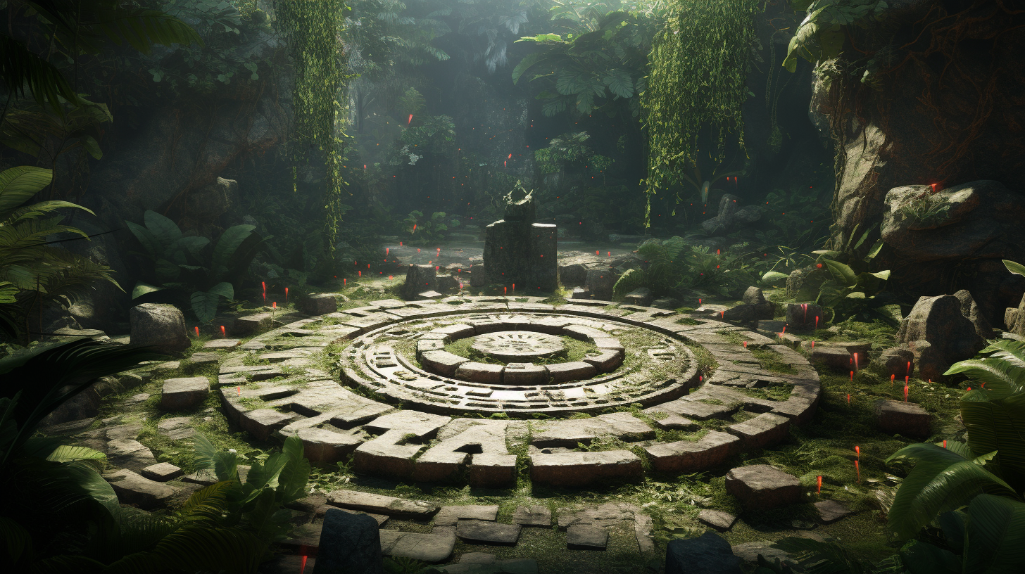 Photorealistic jungle magic stones circle