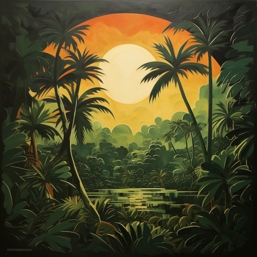 Beautiful stylized jungle painting with sun in distance