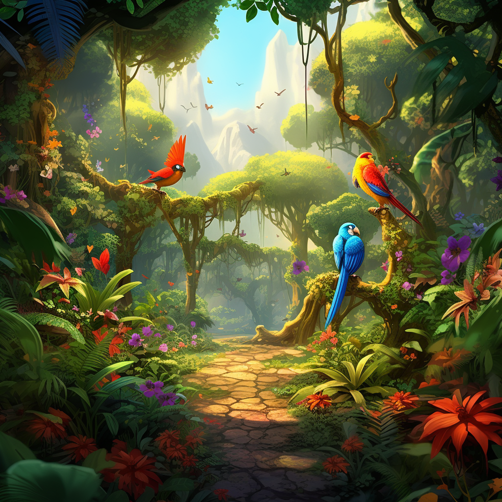 Playful exotic creatures in vibrant jungle scene