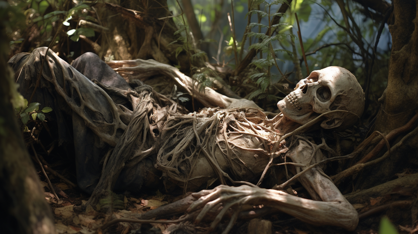 Tattered clothing on jungle skeleton