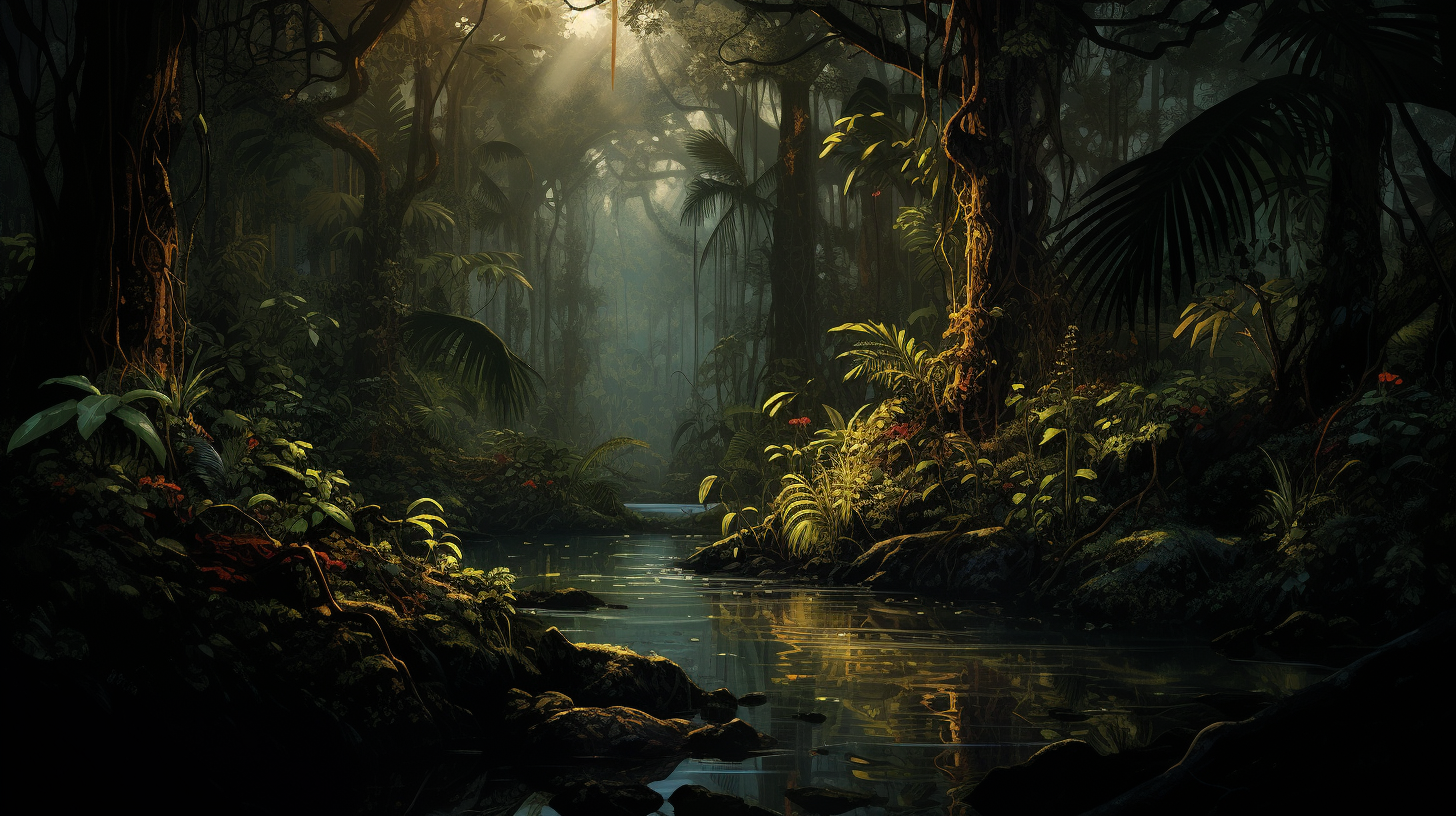 Enchanting black coffee river in somber jungle