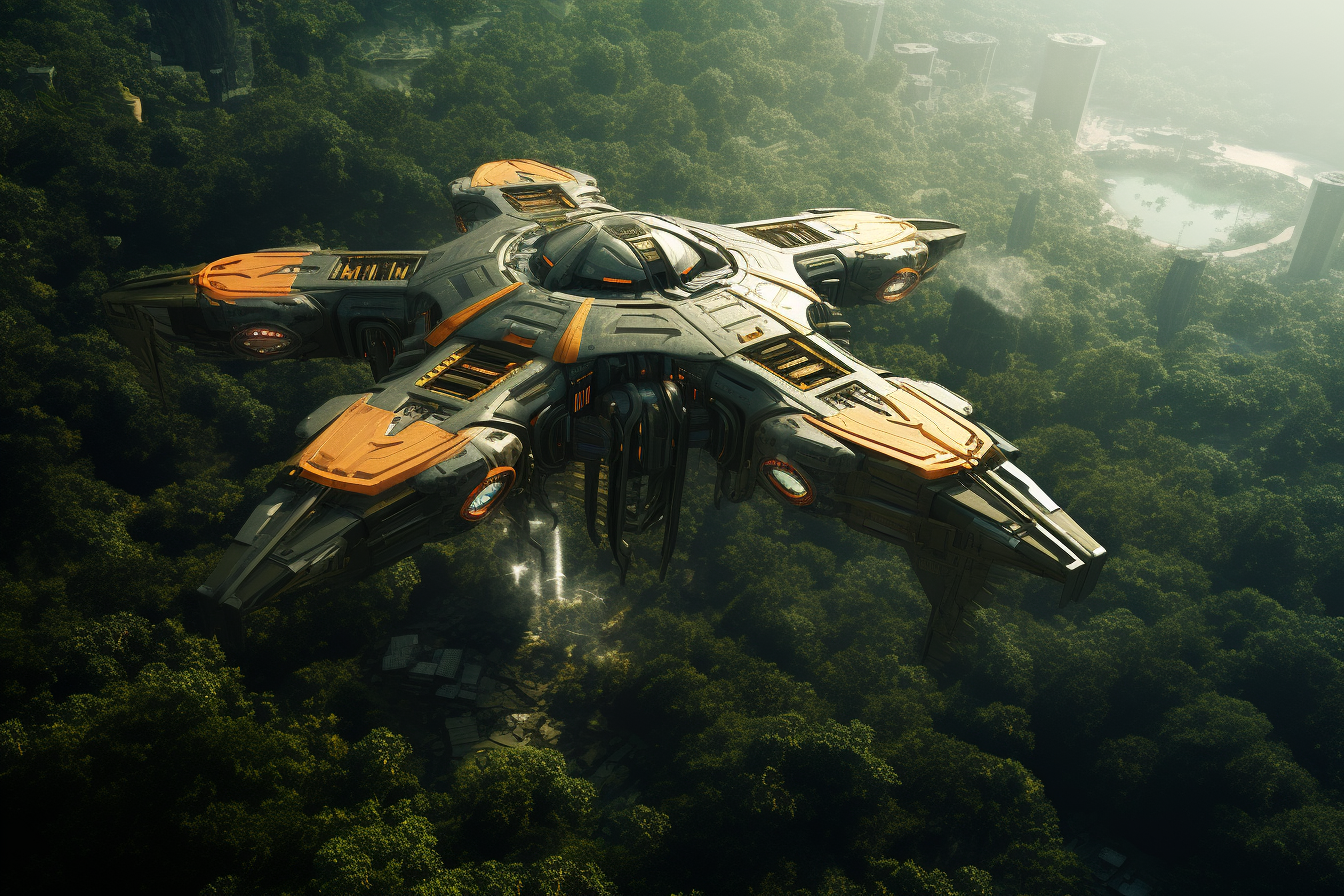 Futuristic spaceship taking off from the jungle