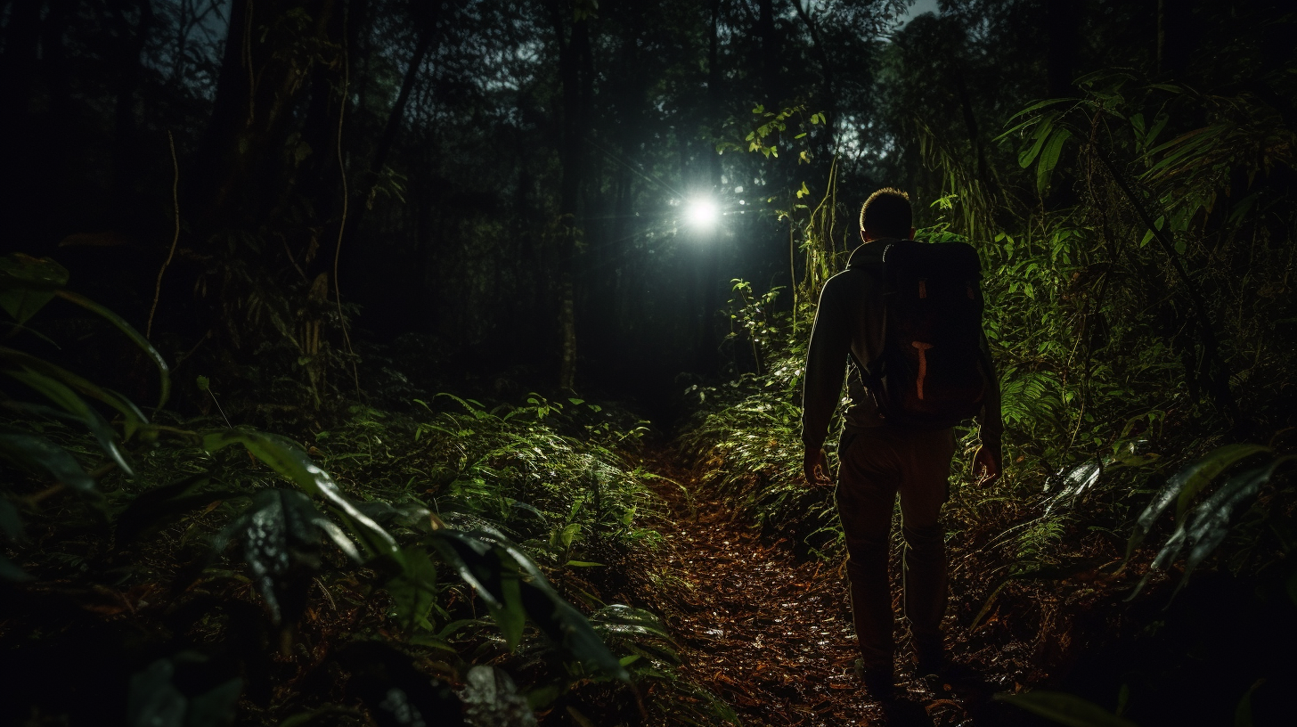 Tourist walking through jungle with flashlight