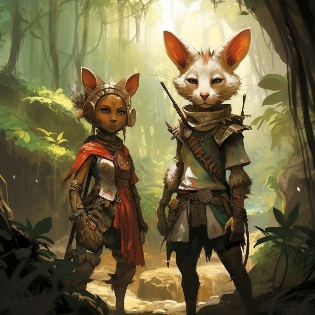 Adventurous junglepunk Viera couple exploring rainforest